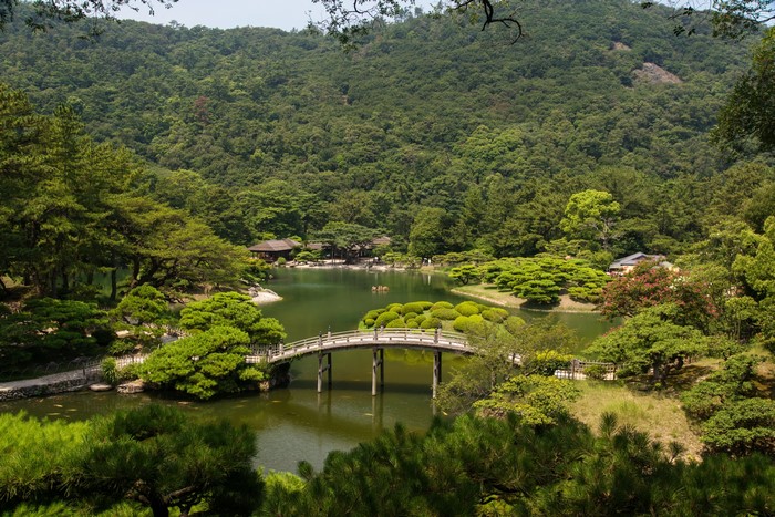 Ritsurin Garden with Bridge and Lake in Japan
