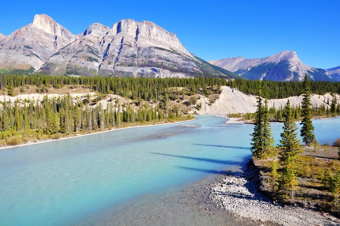 Bow River and Mountains in Banff National Park, Canada