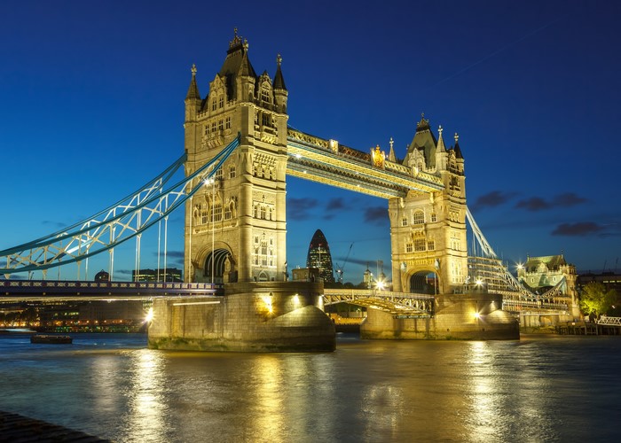 Tower Bridge at night over River Thames, London