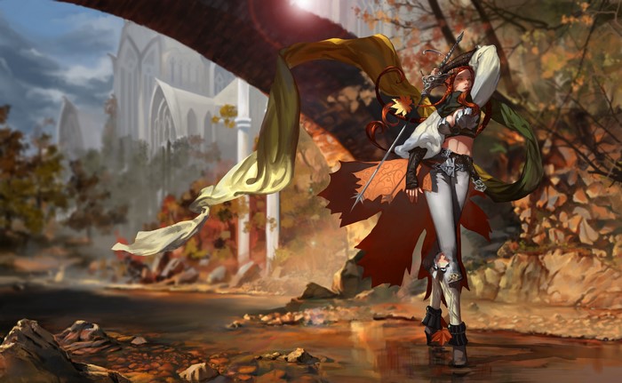 Elf warrior with sword and flowing scarf