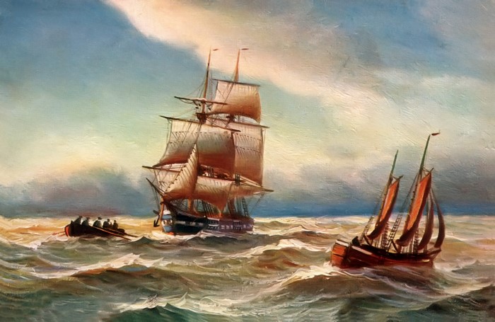 Alfred Jansen painting of sailing ships on wavy seas