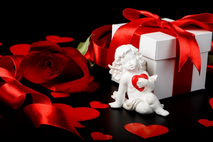 Valentine's Day gift with rose and cupid