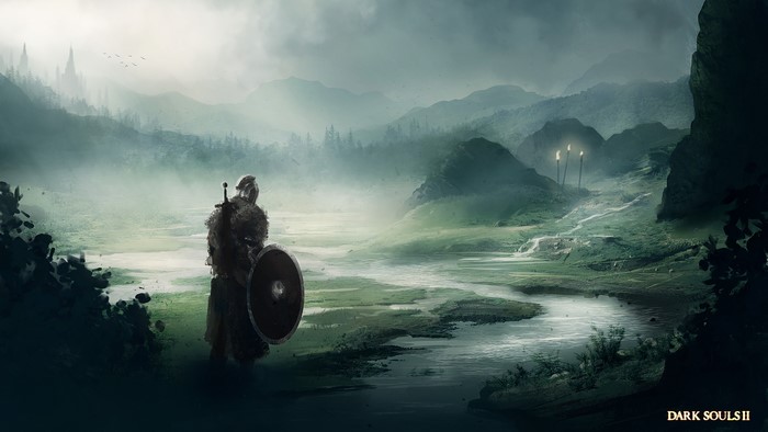 Dark Souls II warrior with sword and shield in misty landscape