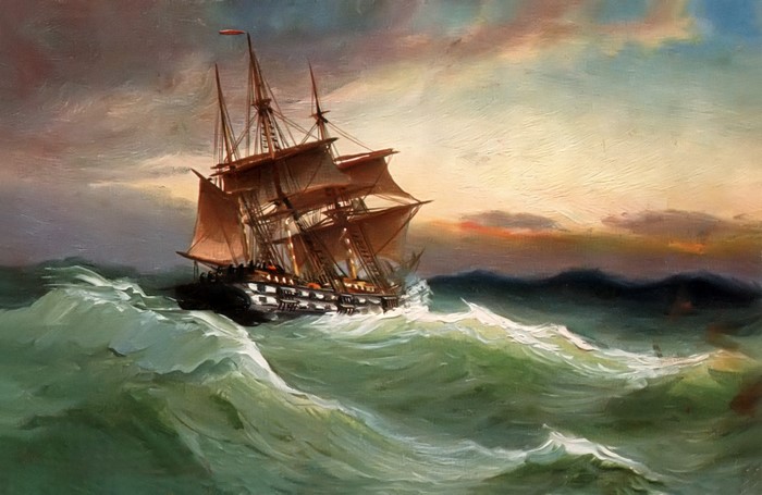 Alfred Jansen painting of a sailing ship on rough seas