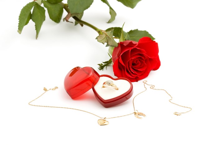 Red Rose, Heart Ring Box, and Necklace