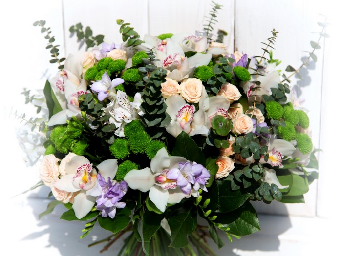 Orchid, Chrysanthemums, Roses, and Alstroemeria Bouquet