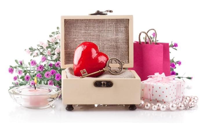 Valentine's Day Heart in a Box with Gifts and Candle