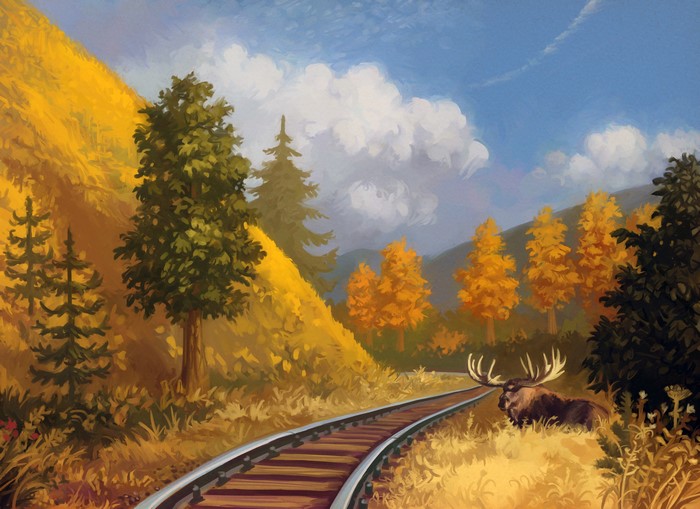 Painting of a Moose by a Railroad Track