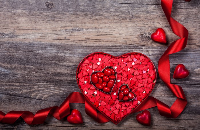 Valentine's Day heart-shaped candy box with ribbon