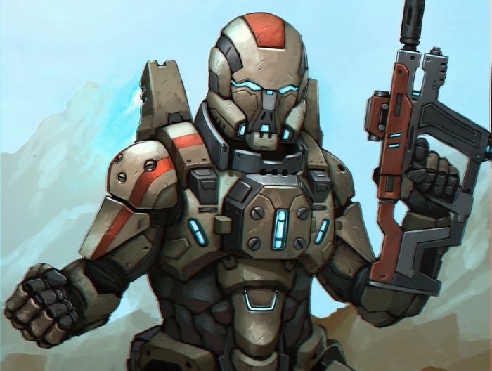 Soldier in futuristic armor holding an assault rifle