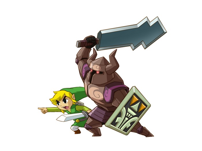 Link from The Legend of Zelda fighting a stone warrior