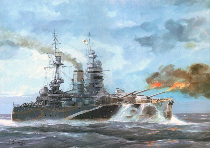 HMS Rodney battleship firing guns