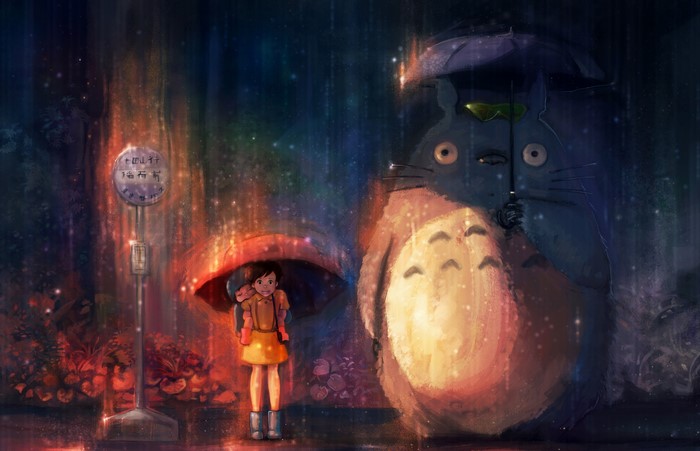 My Neighbor Totoro: Girl and Totoro with Umbrellas in Rain