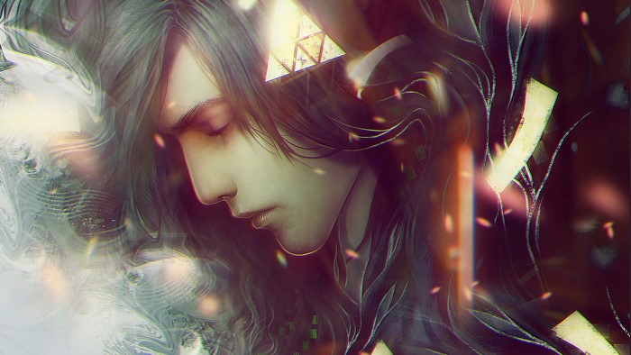 Young man with long dark hair looking down