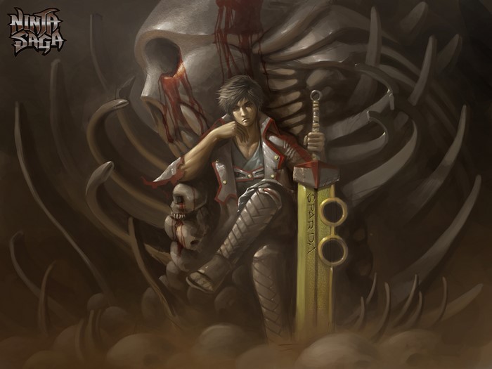 4K Ninja Saga Young Man on Skull Throne with Sword