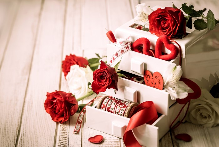 Valentine's Day Roses and Hearts in a White Box