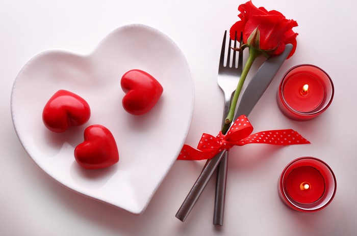 Valentine's Day Table Setting with Rose and Hearts