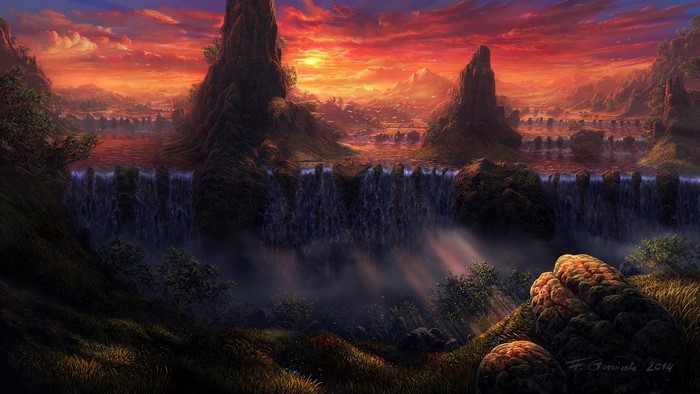 Fantasy landscape with waterfalls and sunset