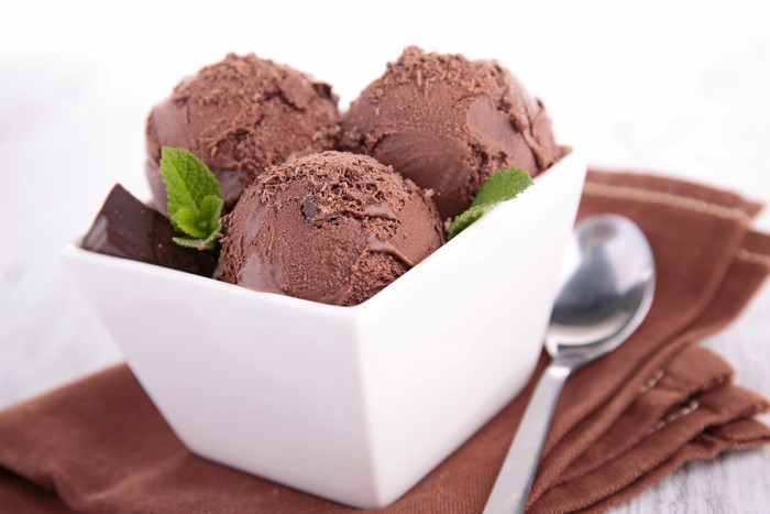 Chocolate ice cream scoops in a bowl with mint