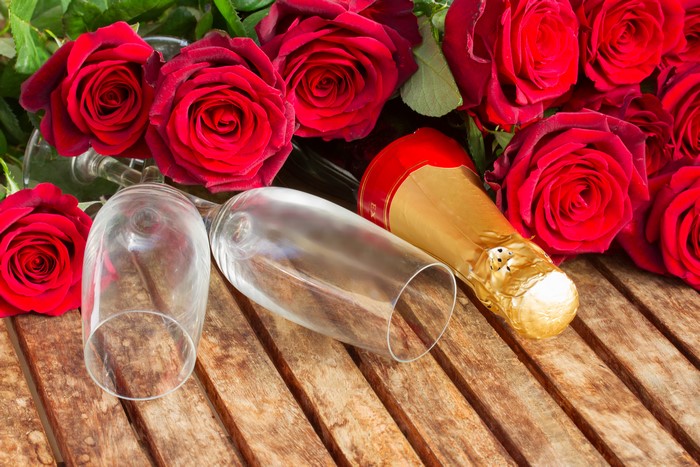 Red Roses and Champagne with Stemware