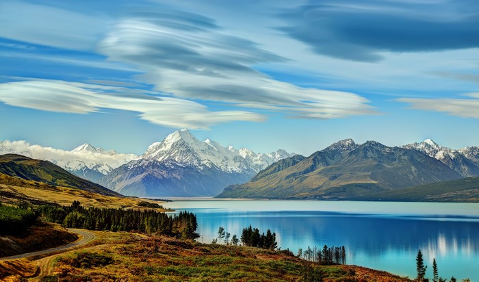 Lake Pukaki with Snow-Capped Mountains in New Zealand