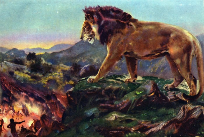Lion overlooking a prehistoric scene with fire and humans