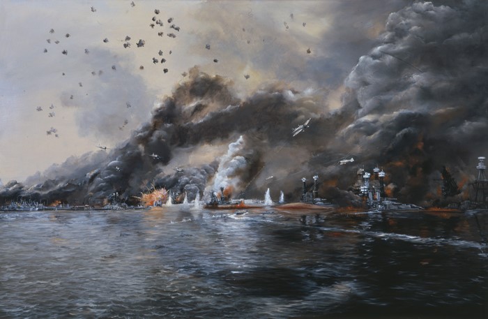 Battleship Row in Flames Painting by John Hamilton