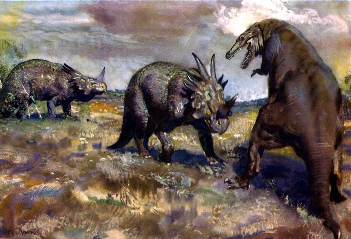 Styracosaurus and Tyrannosaurus Rex painting by Zdenek Burian