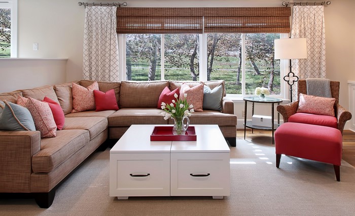 Living room with sectional sofa and armchair