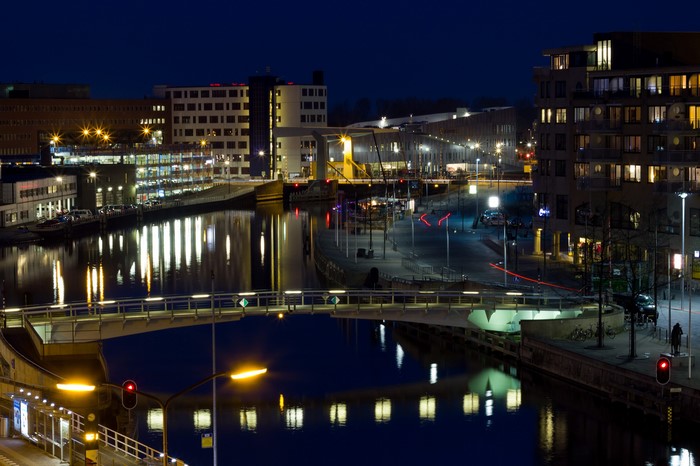 Night view of Alkmaar with canal and bridge