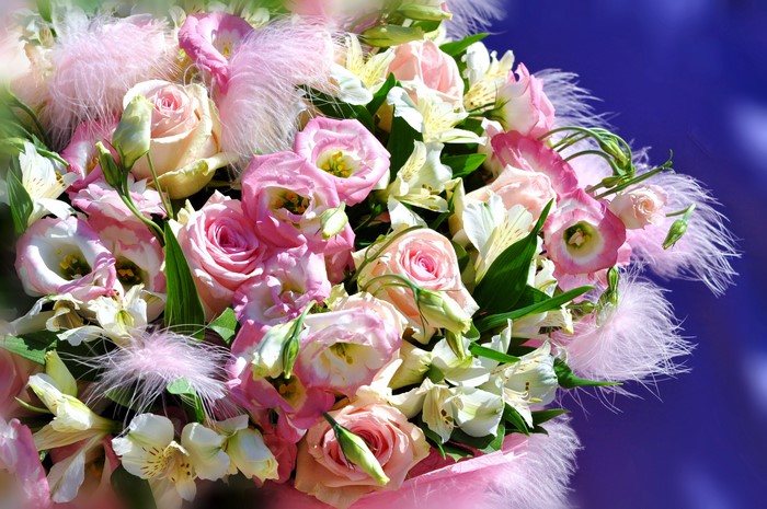 Bouquet of Roses, Eustoma, and Alstroemeria with Feathers