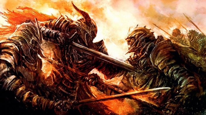 Warriors in Armor Fighting with Swords
