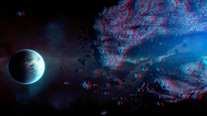 Planet and asteroids in space