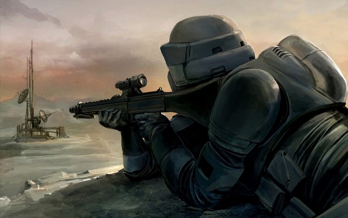 Stormtrooper aiming a rifle near a comms tower