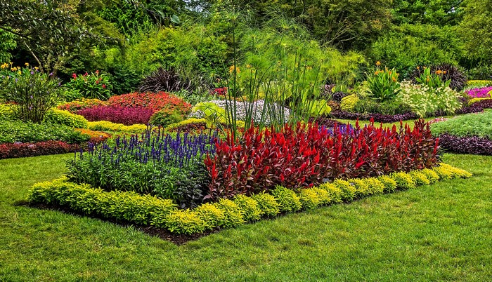 Beautiful Garden with Colorful Flowers and Green Lawn
