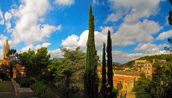 Gerona, Spain with church tower and cypress trees