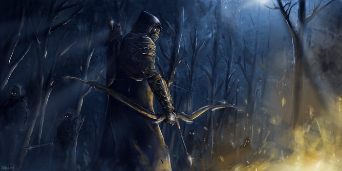 Archers in a dark forest at night
