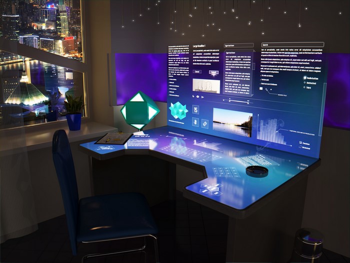 Futuristic desk with holographic displays and city view