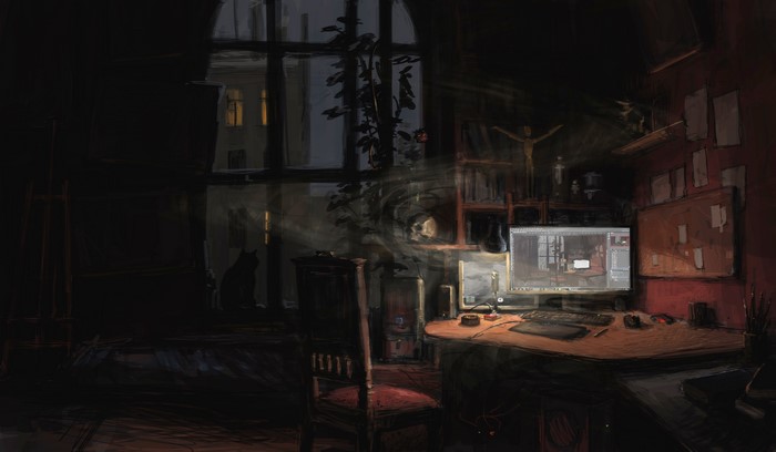 Room with a computer and a window