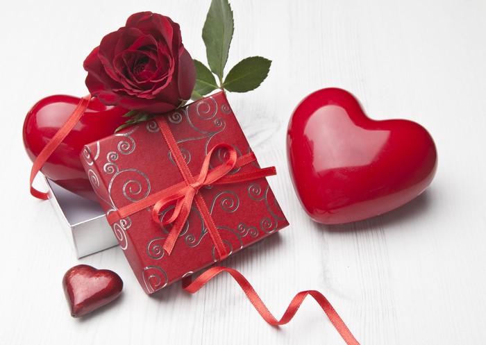 Red Rose and Gift with Hearts
