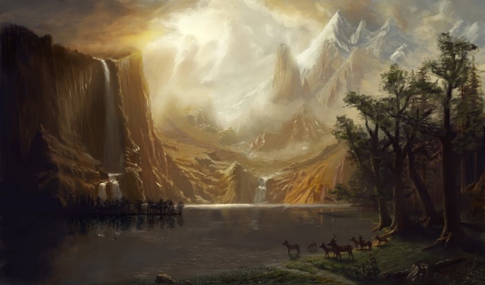 Painting of a mountain landscape with waterfalls and deer