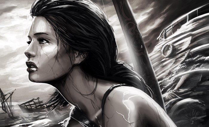 Lara Croft from Tomb Raider in a storm