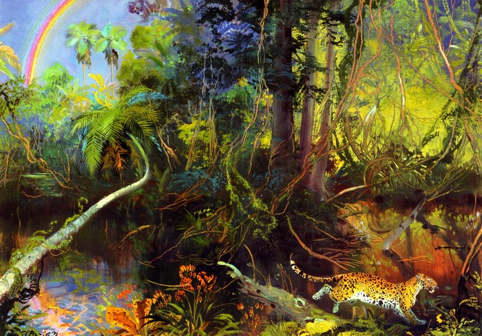 Jaguar in a vibrant jungle with a rainbow