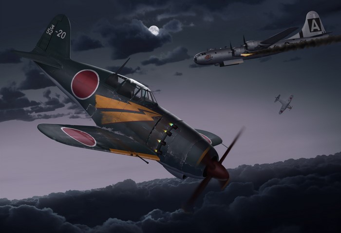 Japanese Zero fighter and American bomber in night sky