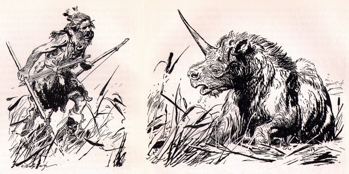 Caveman hunting a unicorn by Zdenek Burian
