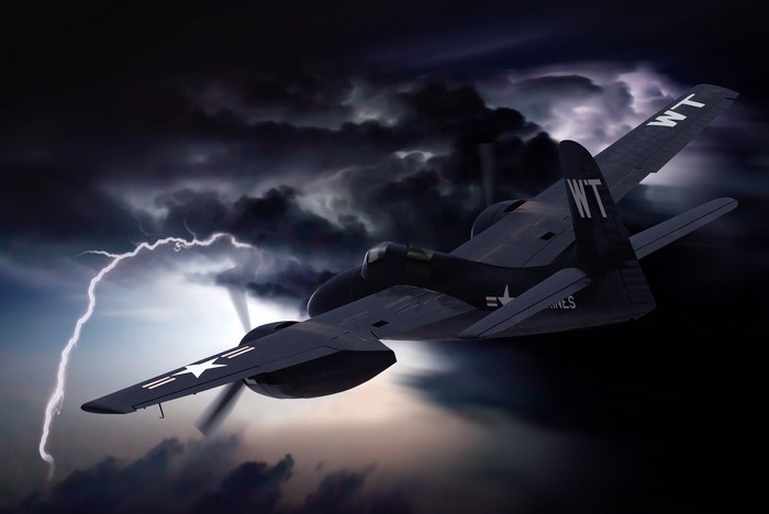 Grumman F7F-3 Tigercat in a thunderstorm