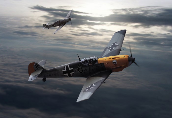 Two Messerschmitt Bf 109 E-4 airplanes in flight