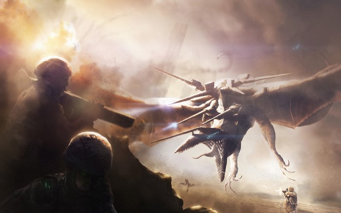 Soldiers battling a large alien monster