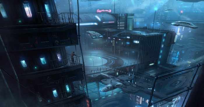 Futuristic city with flying vehicles and neon lights