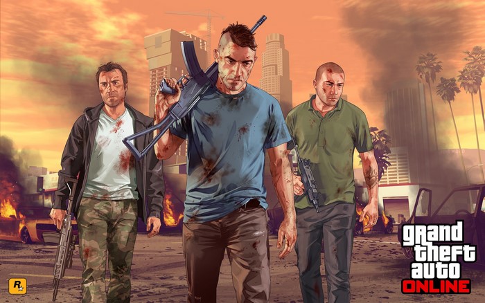 Three men with guns in Grand Theft Auto Online